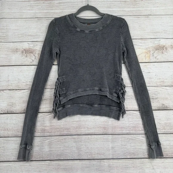 Free People FP One Thermal Top Women XS Gray Waffle Knit High Low Boho