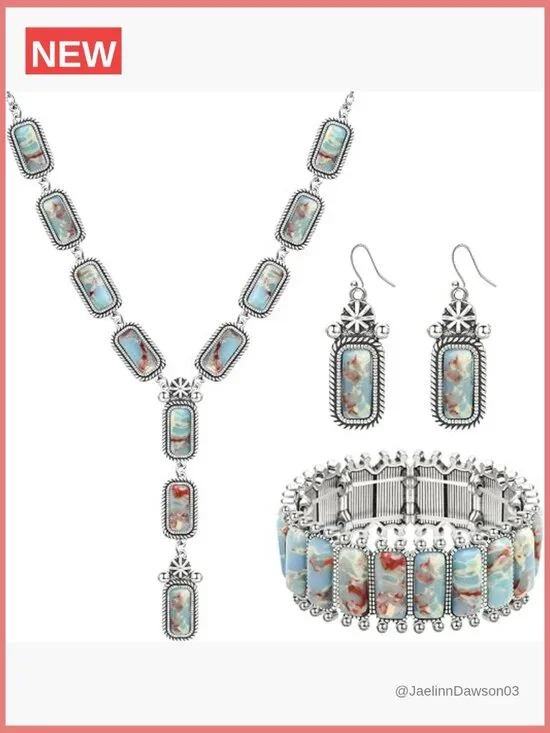 4 Piece Bohemian Turquoise Jewelry Set - Necklace Bracelet Earrings