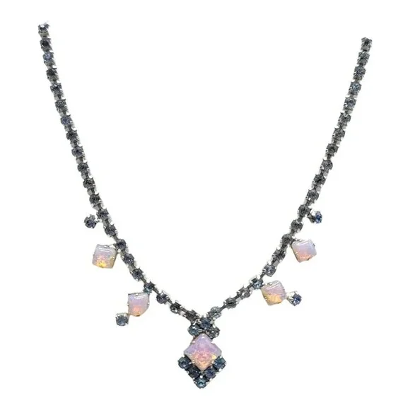 Blue Rhinestone Pink Faux Opal Art Deco Style Choker Necklace Silver Tone