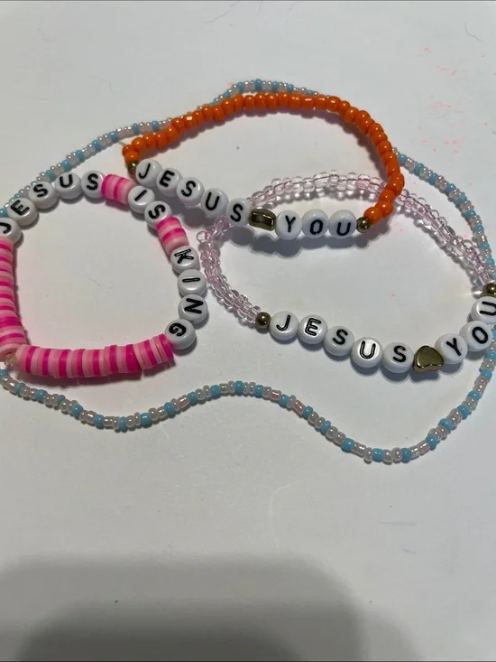 Children’s Beaded 'Jesus Loves You' Pink & Orange Faith Bracelet Set
