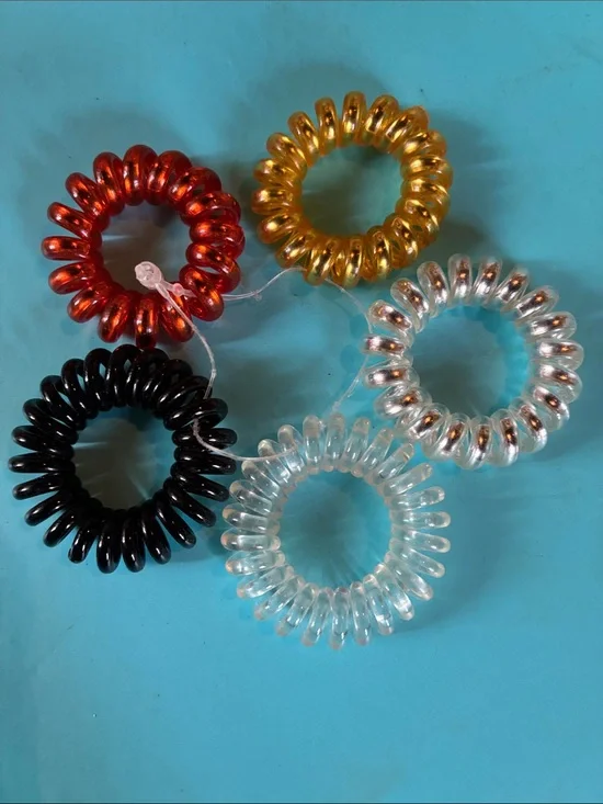 Set of 5 Spiral Coil Hair Ties in Red, Gold, Silver, Black & Clear