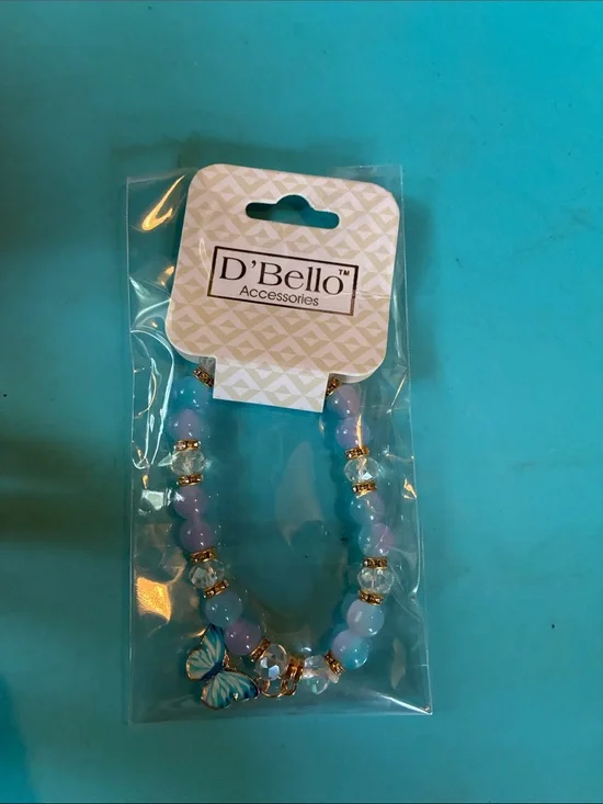D'Bello Beaded Bracelet with Butterfly Charm - Light Blue & Lavender
