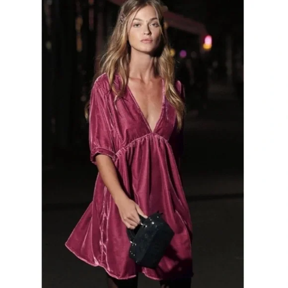 Free People Ivy Rose Smoke Velvet Tie Back Plunge Babydoll Mini Dress XS