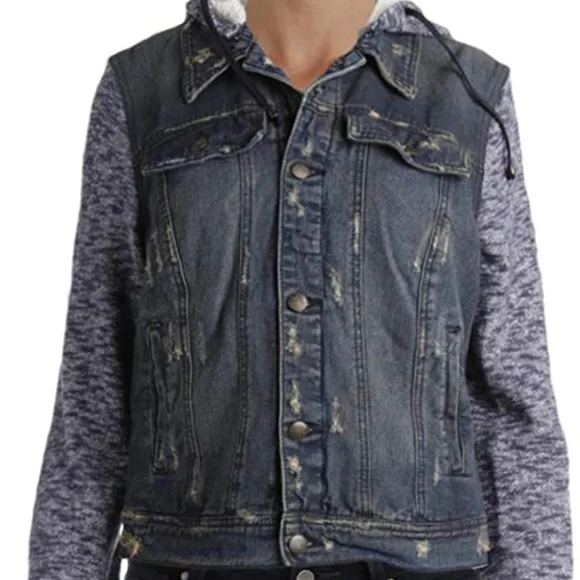 NWT Free People Knit Sleeve Jean Jacket Distressed Denim Blues
