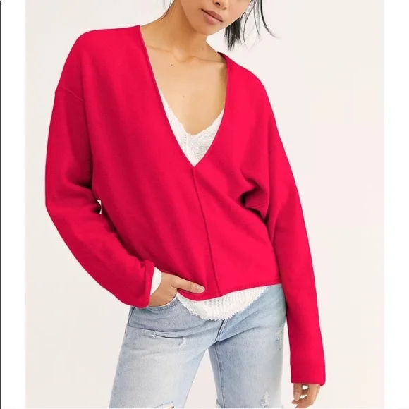 Free People Bright Pink V-Neck Sweater