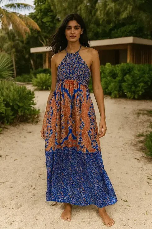 Free People bohemian silk blue & orange maxi dress