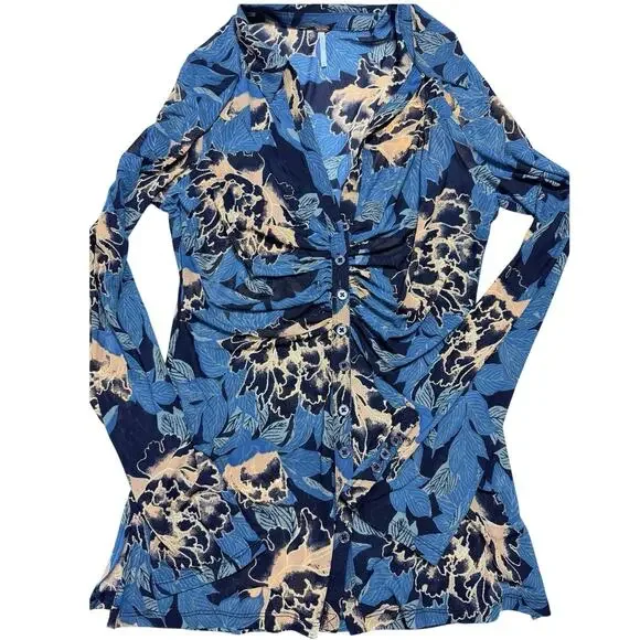 Free People Meant To Be Tunic Dress Floral Ruched V Neck Blue Womens Size Med