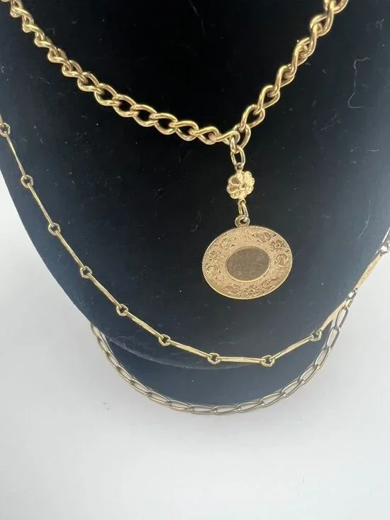 Vintage Gold Tone Multi Strand Chain Necklace Layered Medallion Charm Pendant