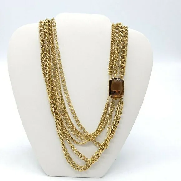 Heavy Faceted Topaz Glass Rhinestone Multi-Strand Chain Link Necklace Vintage