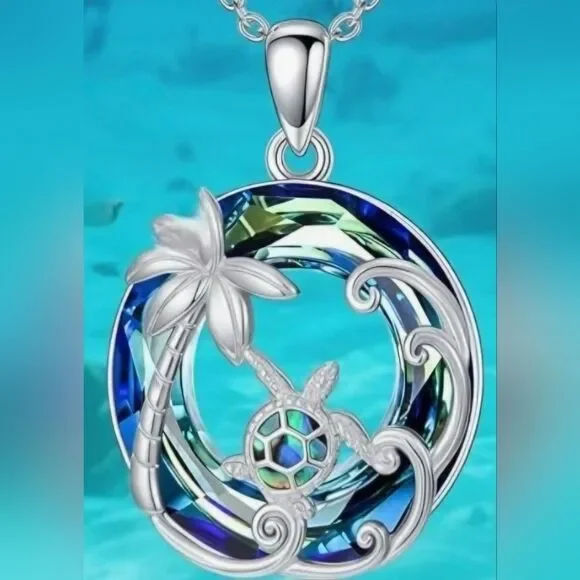 📷💬🩵⏭️NIB Blue Crystal Sterling Silver Sea Turtle Tropical Pendant Necklace