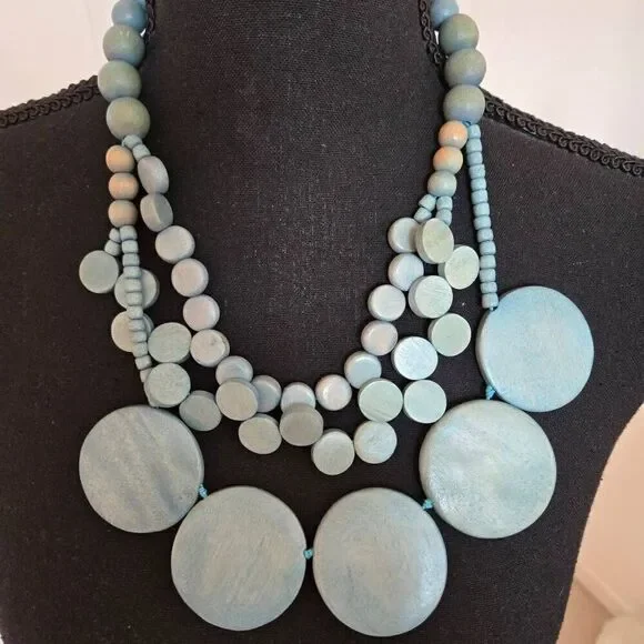 Womens Fashion Statement Aquamarine Wooden Discs And Beads Necklace Blue OS