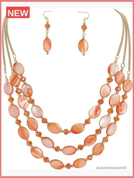 3-Layer Mother of Pearl Bead Necklace with Earrings Oval Beads Pendant Jewelry