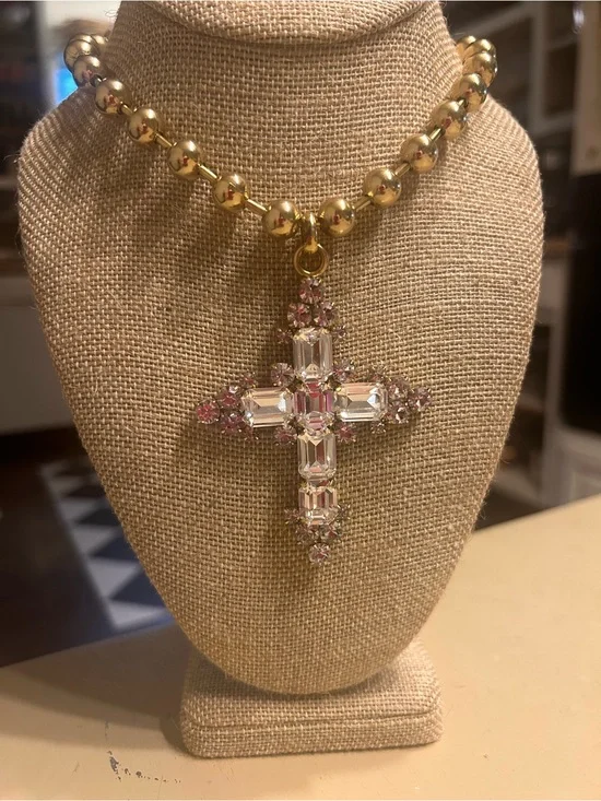 TOVA Ashley cross Gold Bead Necklace  Crystal Cross Pendant