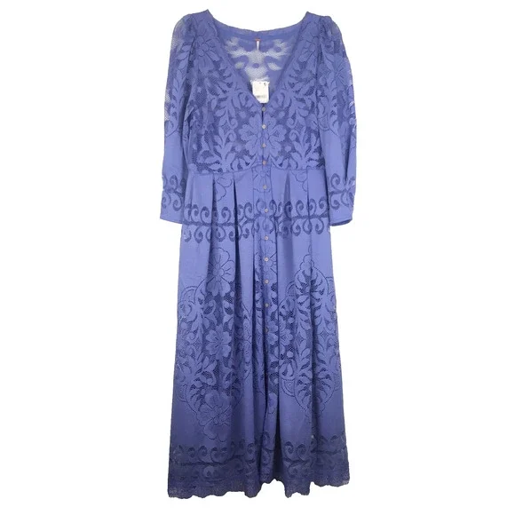 NWT Free People Persian Jewel Blue Lace Midi Dress Button 3/4 Sleeve Small FLAW