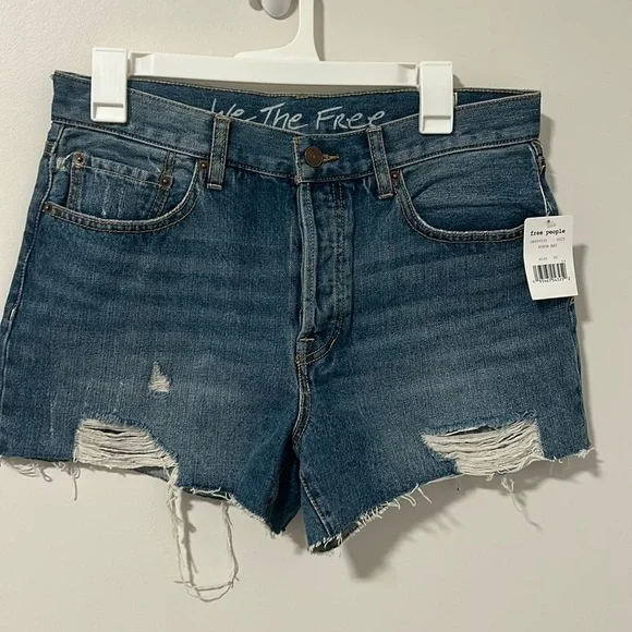 Free People Distressed Dark Blue Denim Jean Shorts