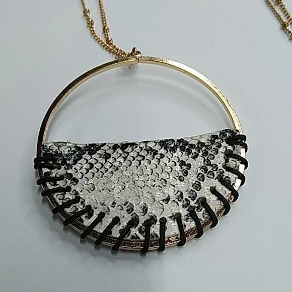 Snakeskin‎ circle pendant on goldtone chain