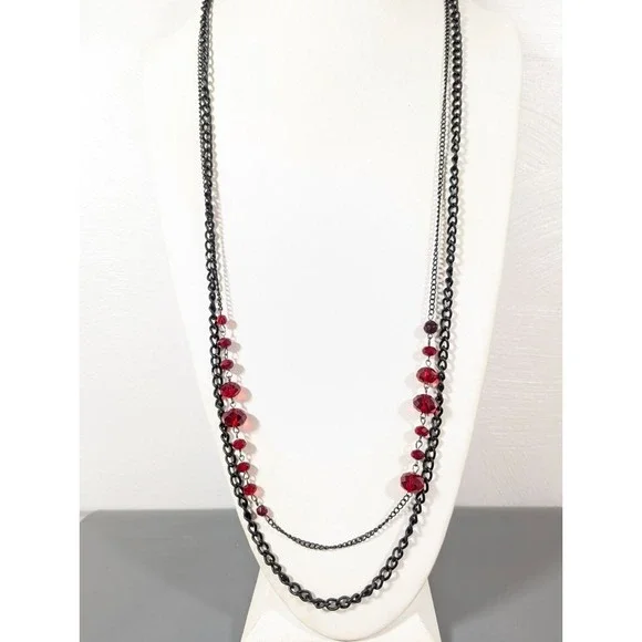 Black Metallic‎ Double Chain Long Layer Red Glass Bead Necklace Gothic 40