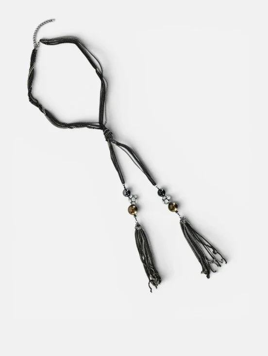 Vintage Y2K Multi-Strand Long Tassel Lariat Fringe Triple Tone Chain Necklace
