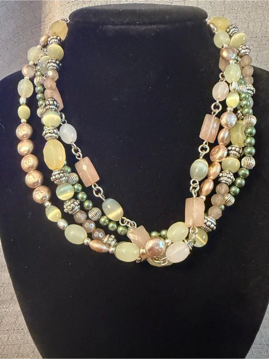 Multi-Strand Green and Gold Beaded Statement Necklace