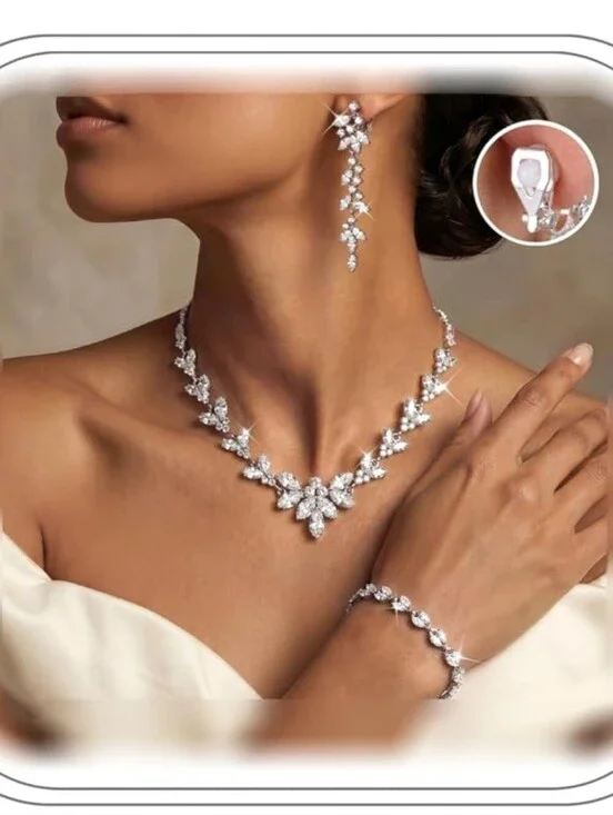 Crystal Bridal Necklace and Earring Set in Silver CLIP OR PIERCED  EARRINGS