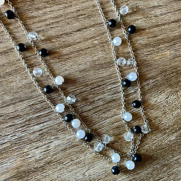 Silver Necklace Women’s Beaded Black Pearl Clear 53” Workwear or Costume Jewelry