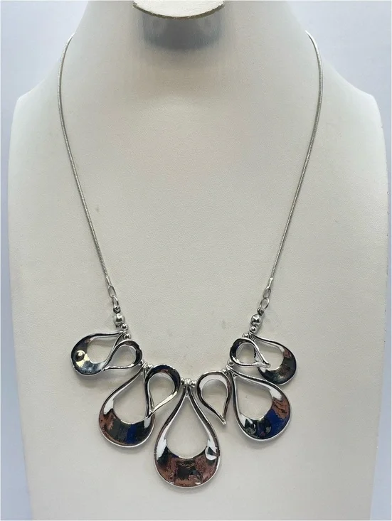 Silver Tone Abstract Teardrop Statement Necklace Adjustable