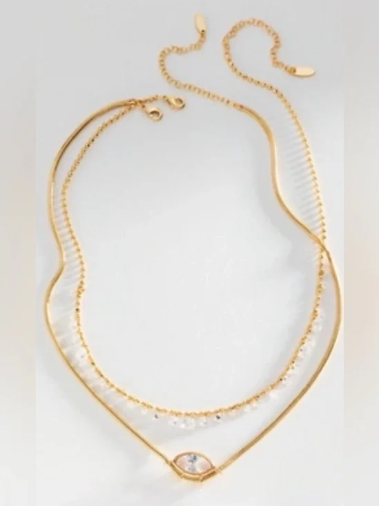 Anthropologie Gold Layered Crystal Eye Necklace