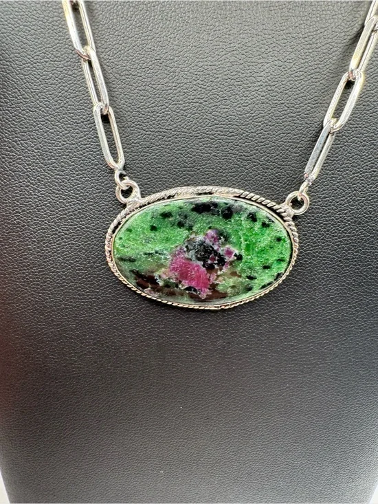 Ruby Zoisite Oval Cabochon Pendant Necklace