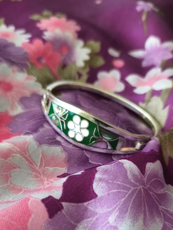 Adorable Child Mexico Alpaca  Bangle W/ Green Enamel & Abalone Butterflies Inlay