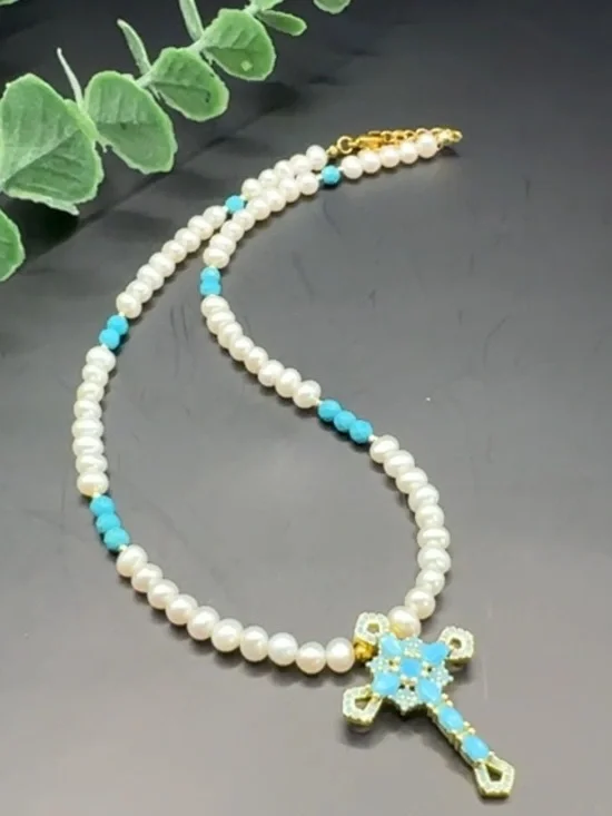 Pearl and Turquoise Cross Pendant Necklace - Women's Jewelry