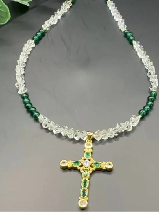Gold Cross Pendant Necklace with Green and Clear Beads