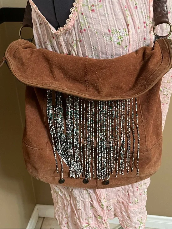 Free People Suede Hobo Shoulder Bag beaded fringe braided shoulder strap BOHO
