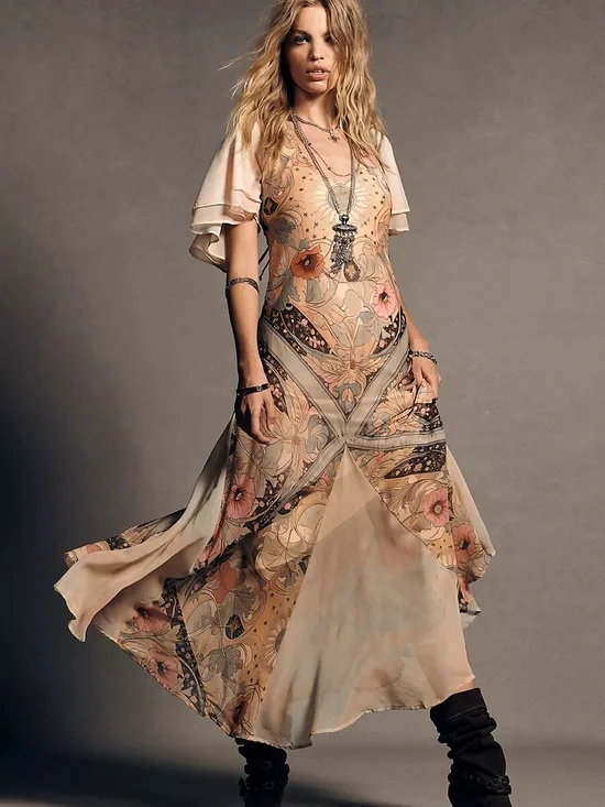 People Bohemian Floral Maxi Dress in Blush Pink