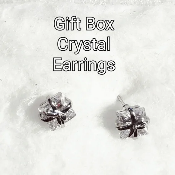 Petite White Sparkling Crystal Package w/ Bow Pierced Post Earrings