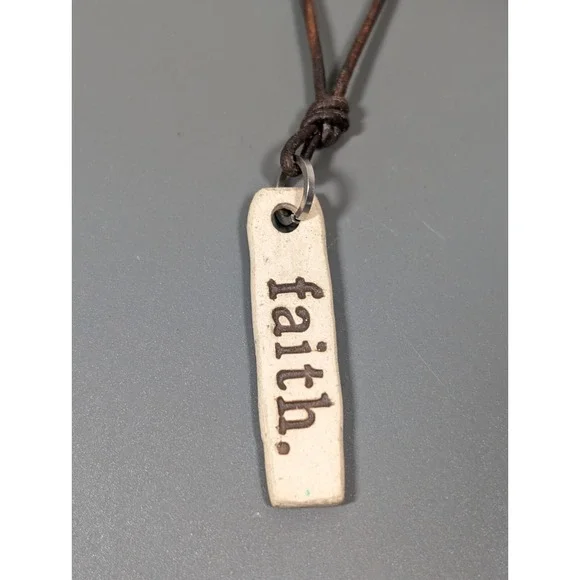 MudLove Inspirational Faith Ceramic‎ Bar Pendant Brown Adjustable Cord Necklace