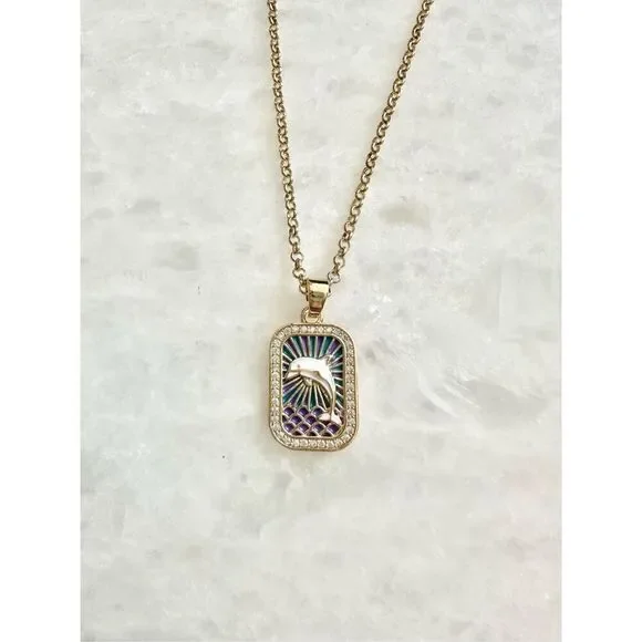 Green and purple dolphin pendant necklace