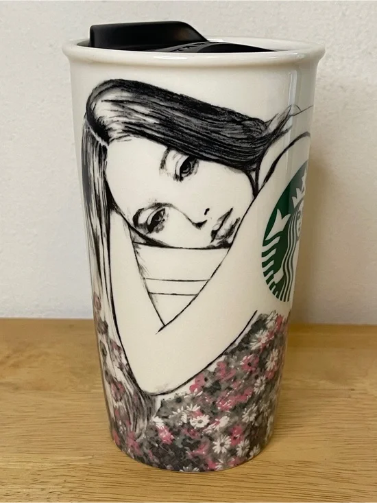 Starbucks Charlotte Ronson 2013 Illustrated Ceramic Travel Mug Tumbler Floral