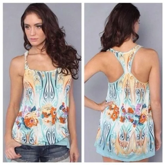 Free People Boho Y2K Floral Printed Racerback Tunic Tank Top