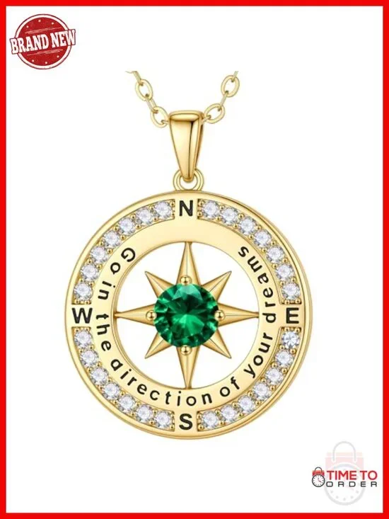 14K Gold Plated Compass Birthstone Necklace Graduation Gift