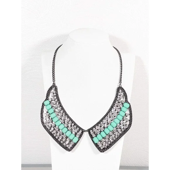 Gunmetal Gray Green‎ Clear Crystal Panel Wide Collar Statement Necklace 21 in