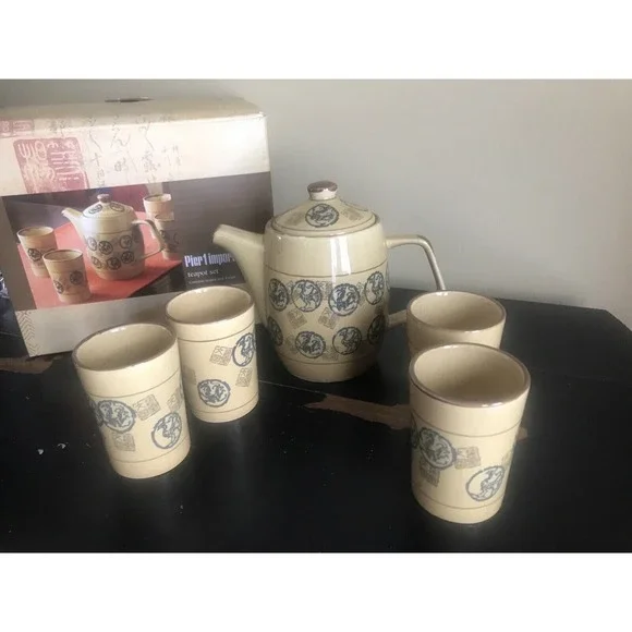 Pier One Imports Porcelain Teapot Set w/ 4 Cups Navy &‎ Brown Stamp Pattern NEW