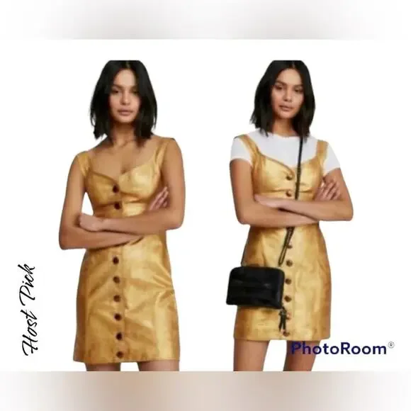 Free People Womens Goldie Metallic Leather Sweetheart Neckline Dress Size 2 Gold