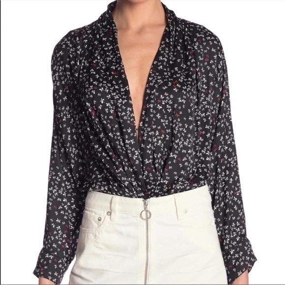 NWT Free people ladylike carbon combo floral black white long sleeve bodysuit M