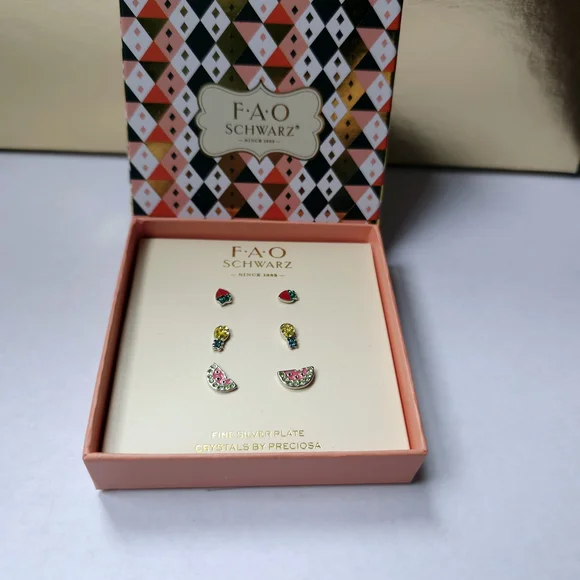 FAO Schwarz Silver Plate Crystal Earrings Fruit Set Of Earrings