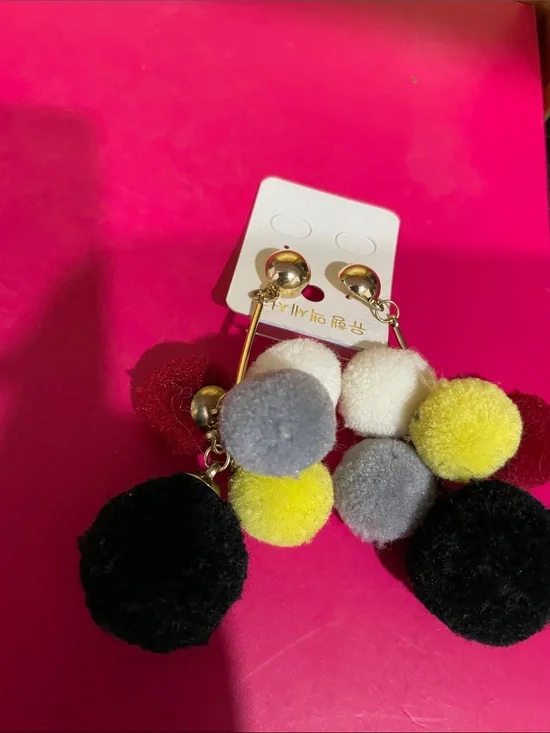 Colorful Pom Pom Dangle Earrings for Kids - Yellow, Gray, White, Black