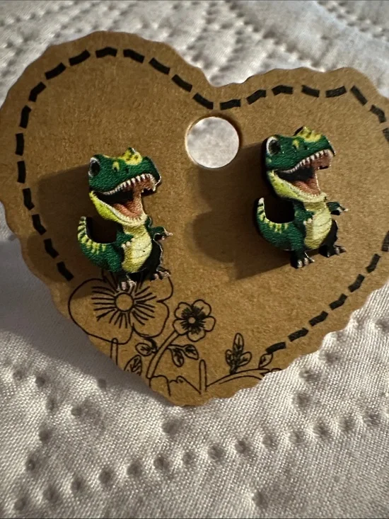 Green Dinosaur Reptile Stud Earrings - Unbranded