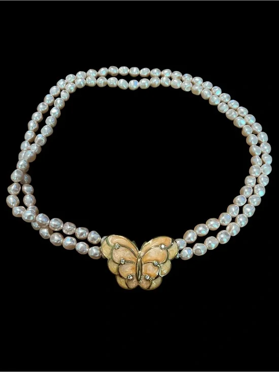 Vintage KJL for Avon Pearl & Peach Enamel Butterfly Necklace
