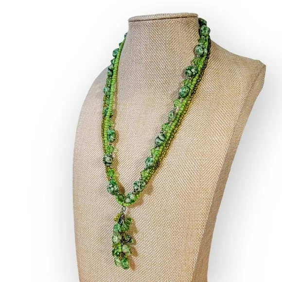 Triple strand Green Stone and Bead Statement Necklace With Tassel