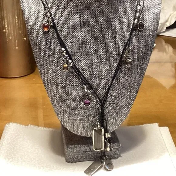 Black Triple Strand Corded Necklace with Multi-Color Charm Accents