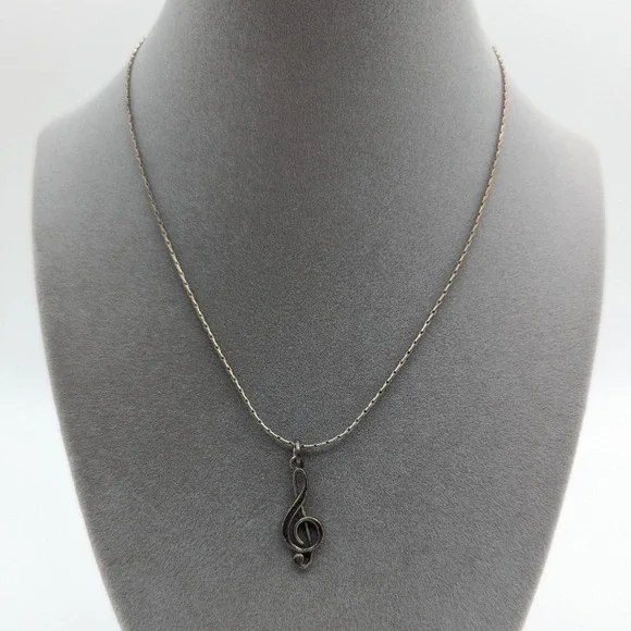 Sterling Silver Treble Clef Music Note Pendant Necklace 925 16 Inch Chain‎
